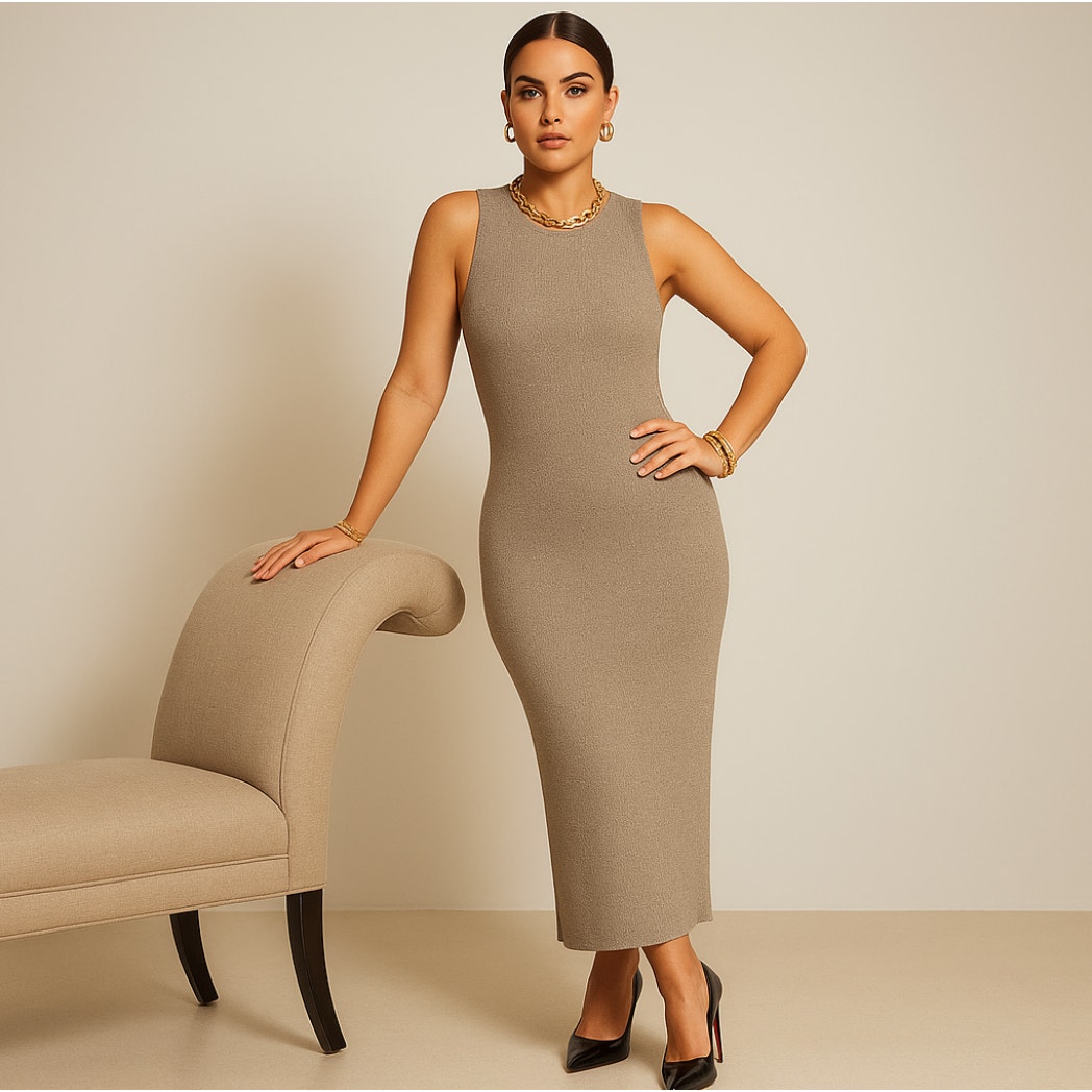 Helmut Lang Ribbon Knit Midi Dress Taupe Tan Sz L $445 {3v13}